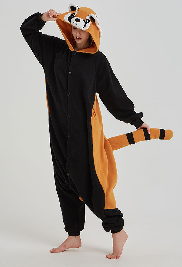 Süß Halloween Fasnacht Schwarz Waschbär Erwachsene Pyjama Schlafanzug Overall mit Kapuze Kostüm