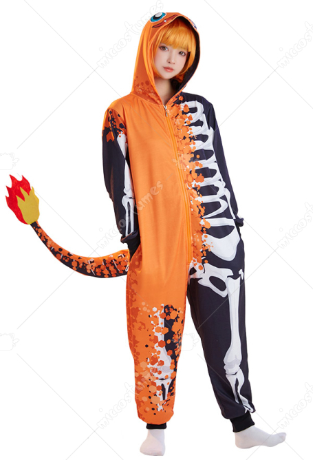 Halloween Women Onesie Pajama Loungewear Half Skeleton Half Flame Dragon Pattern Prints Adult Hooded Onesie Homewear Kigurumi Sleepwear