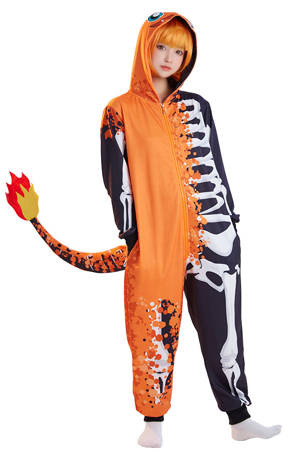 Halloween Mujer Mameluco Pijama Ropa de Estar por Casa Mitad Esqueleto Mitad Llama Patrón de Dragón Estampados Adulto con Capucha Ropa de Hogar Kigurumi Ropa de Dormir