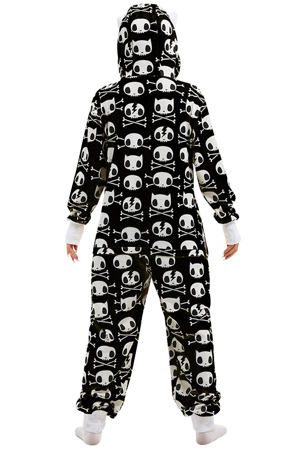 Combinaison Pyjama Halloween Motif Crâne Homewear Kigurumi Vêtement de Nuit Manches Longues