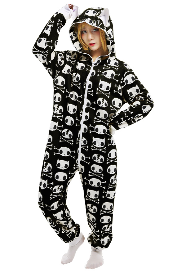 Halloween Black Skeleton Cat Onesie Pajama Gothic Loungewear Adult Hooded Homewear Kigurumi Sleepwear	