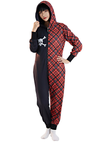 Women Onesie Pajama Plaid Skull Print Loungewear Adult Hooded Homewear Kigurumi Sleepwear