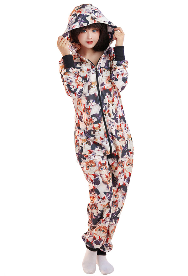 Combinaison Pyjama Motif Chats Cartoon Kawaii Une Pièce Vêtement de Nuit Manche Longue