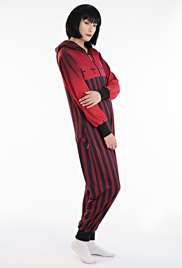 Combinaison Pyjama Halloween Motif Rayure Rouge Noir Une Pièce Vêtement de Nuit Manches Longues