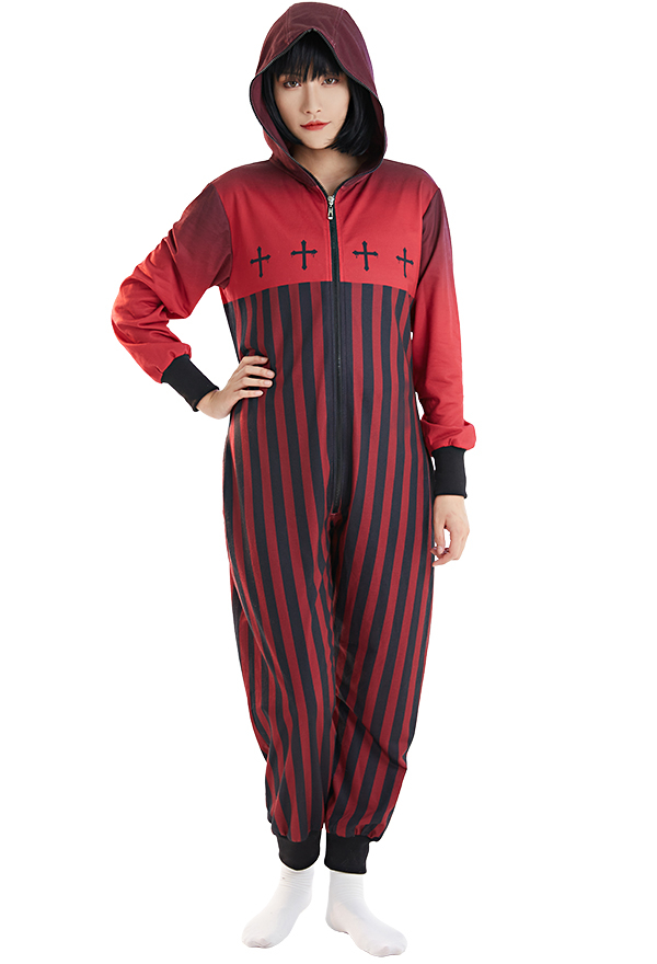 Combinaison Pyjama Halloween Motif Rayure Rouge Noir Une Pièce Vêtement de Nuit Manches Longues