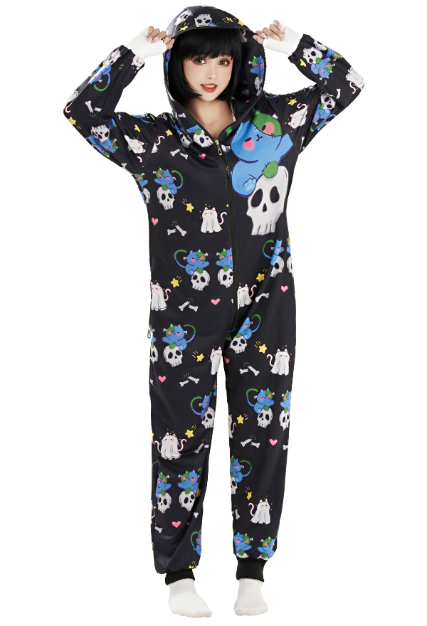 Gothic Women Onesie Pajama Cat Skull Print Loungewear Adult Hooded Homewear Kigurumi Sleepwear