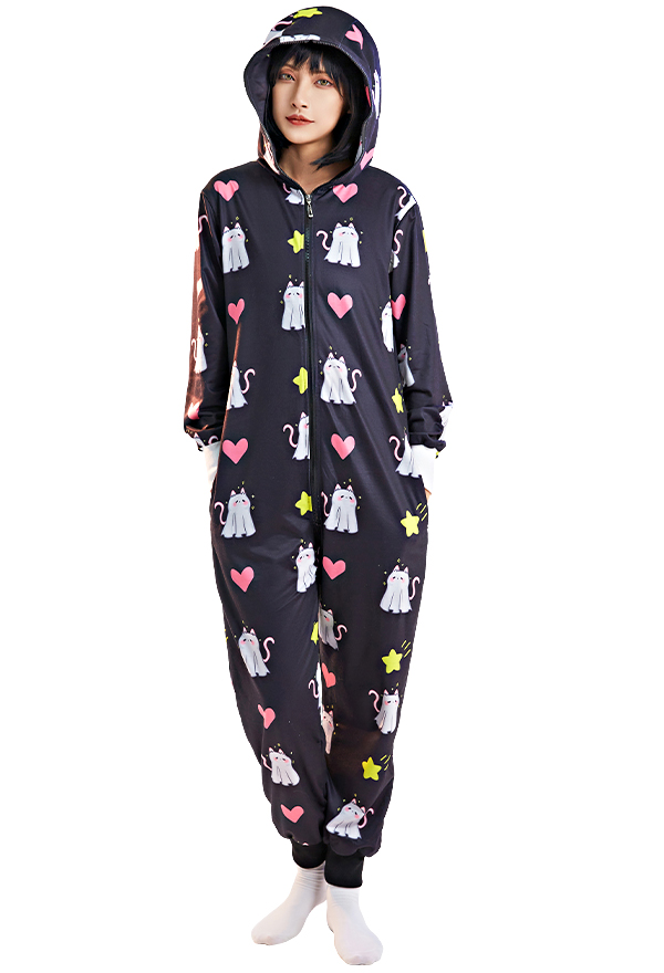 Women Onesie Pajama Ghost Heart Pentagram Print Loungewear Adult Hooded Homewear Kigurumi Sleepwear