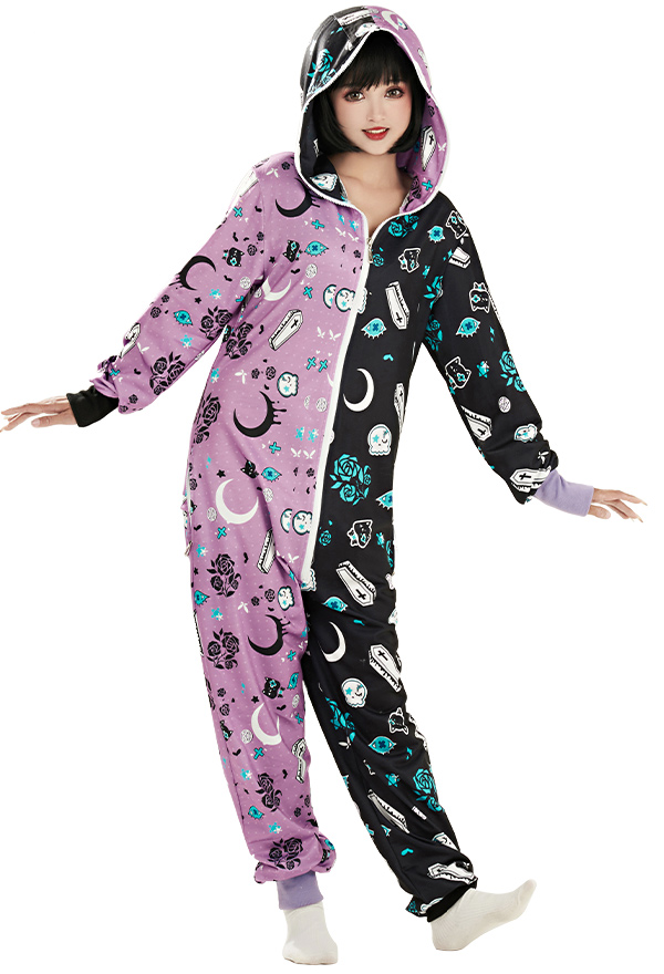 Gothic Women Onesie Pajama Rose Moon Print Loungewear Adult Hooded Homewear Kigurumi Sleepwear