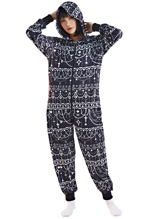 Women Gothic Style Halloween Onesie Pajama Loungewear Skull and Pearl Chain Pattern Adult Onesie Hooded Homewear Kigurumi