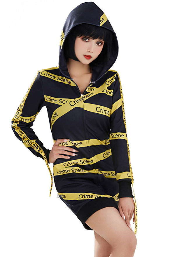 Women Warning Tape Short Sleep Dress Adult Onesie Long Sleeves Hooded Homewear Kigurumi Sleepwear