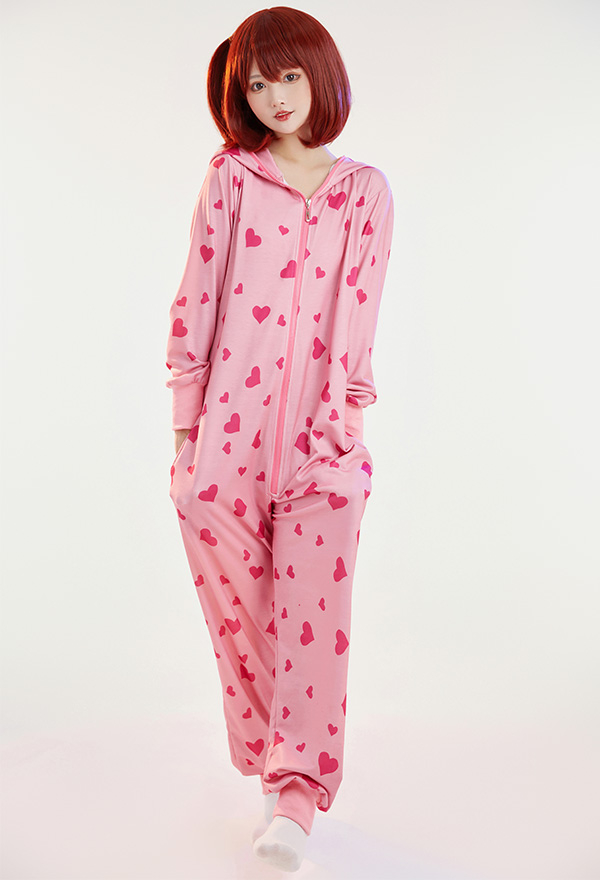 Combinaison Pyjama Motif Cœur Rose Une Pièce Vêtement de Nuit Manche Longue