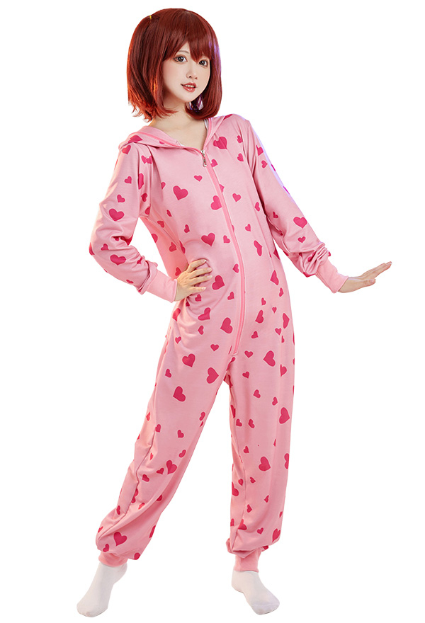 Combinaison Pyjama Motif Cœur Rose Une Pièce Vêtement de Nuit Manche Longue