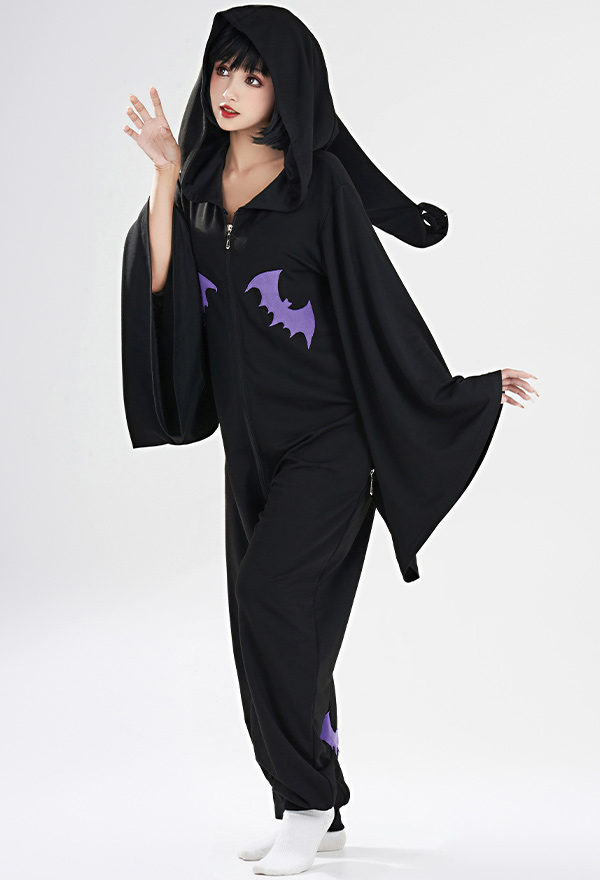 Women Halloween Witch Style Onesie Pajama Loungewear Bat Pattern