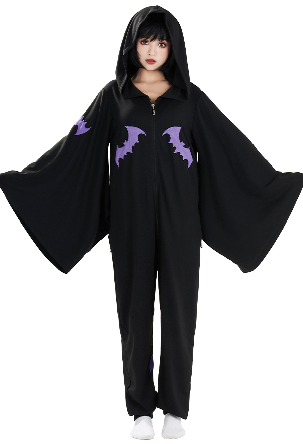 Combinaison Pyjama Style Halloween Sorcière Motif Chauve-souris Une Pièce Vêtement de Nuit Manches Longues