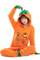 Women Halloween Onesie Pajama Loungewear Pumpkin Face Pattern Adult Kigurumi Hooded Homewear
