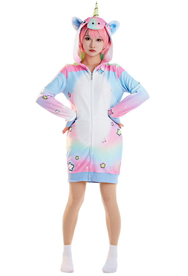 Robe à Capuche Pyjama Motif Rainbow Cheval Une Pièce Vêtement de Nuit Manches Longues