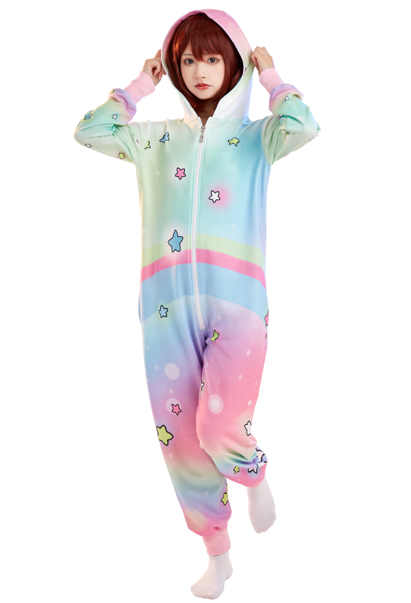 Women Onesie Pajama Rainbow Star Print Loungewear Adult Hooded Homewear Kigurumi Sleepwear