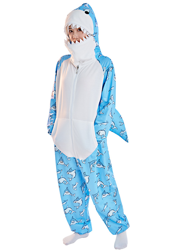 Women Onesie Pajama Shark Print Loungewear Adult Hooded Homewear Kigurumi  Sleepwear