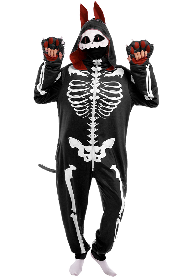 Halloween Black Red Skeleton Cat Hooded Onesie Pajamas Loungewear Adults Onesie Homewear Kigurumi Sleepwear