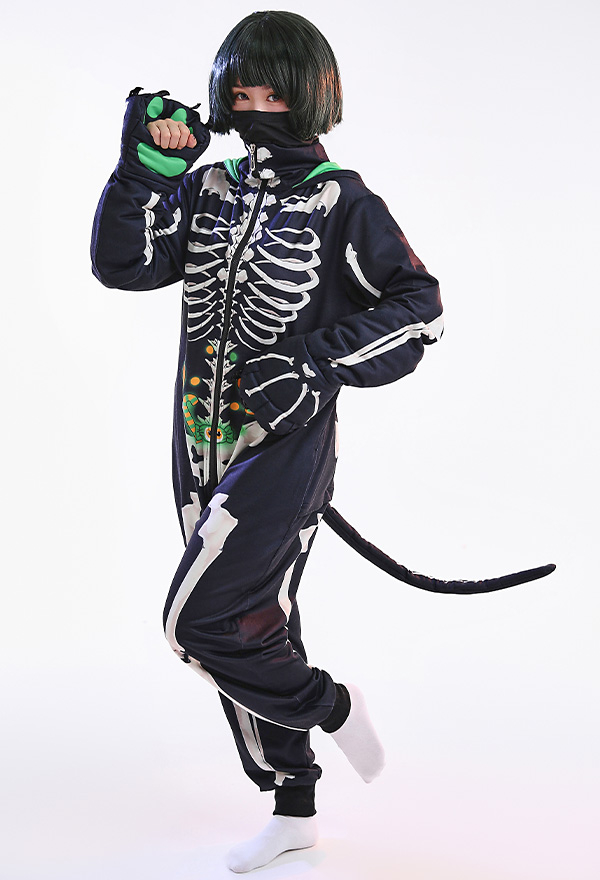 Women Black Green Skeleton Cat Hooded Onesie Pajama - Halloween Adult  Hooded Homewear Kigurumi Sleepwear