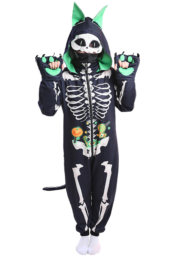 Grün Skelett Katze Onesie Homewear Kigurumi Overall mit Kapuzen Pyjamas Jumpsuit