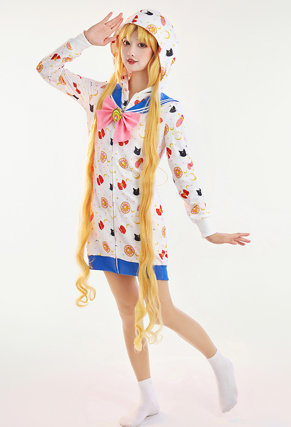 Women Sailor Moon Thicken fleece Hooded Nightgown dress Pajamas Home  service hot 