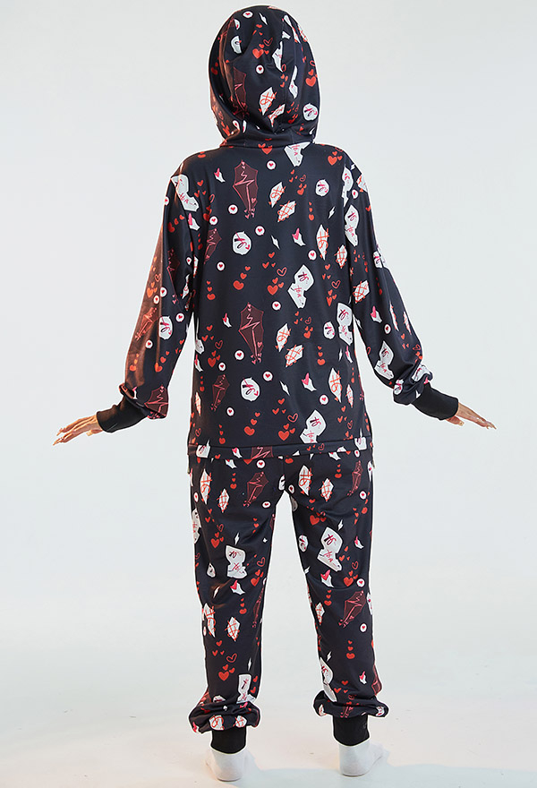 Halloween Anime Rot Japanische Schriftzeichen Onesie Homewear Kigurumi Overall mit Kapuzen Pyjamas Jumpsuit