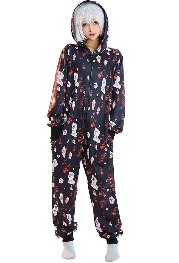 Halloween Women Japanese Red Letter Hooded Onesie Pajama Loungewear Adult Onesie Homewear Kigurumi Sleepwear