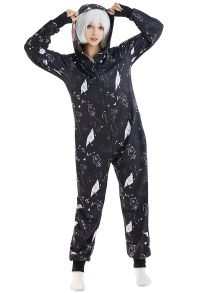 Halloween Women Japanese Letter Hooded Onesie Pajama Loungewear Adult Onesie Homewear Kigurumi Sleepwear
