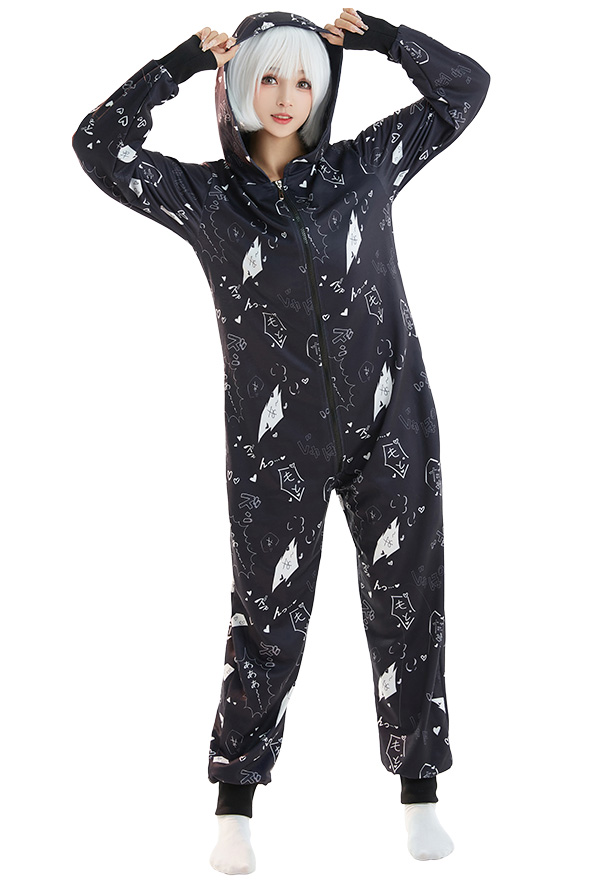 Halloween Women Japanese Letter Hooded Onesie Pajama Loungewear Adult Onesie Homewear Kigurumi Sleepwear