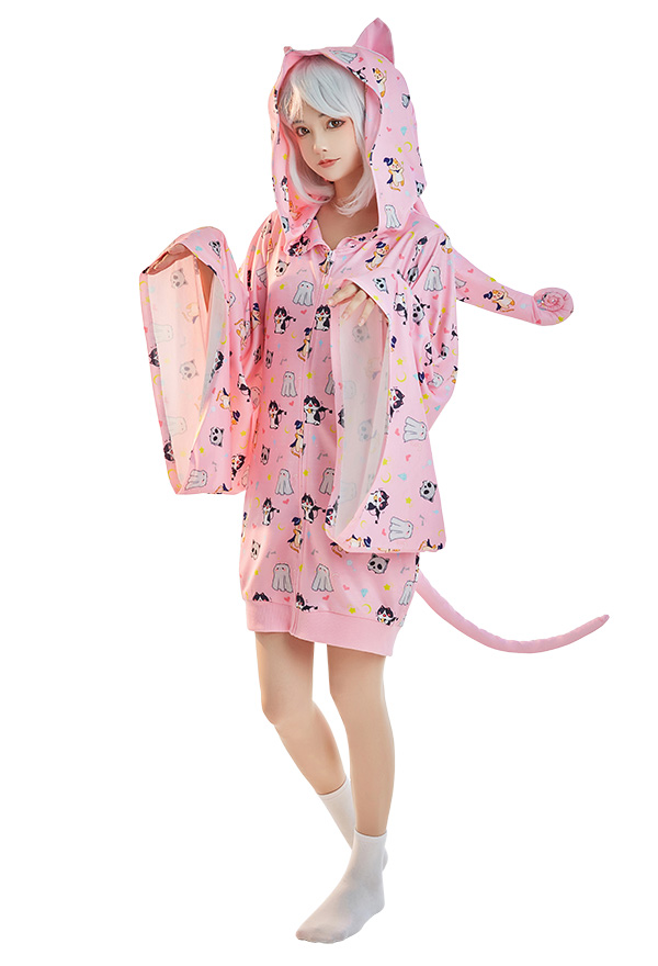 Halloween Women Short Sleep Dress Kawaii Witch Style Cat Pattern Loungewear Adult Onesie Hooded Homewear Kigurumi Sleepwear
