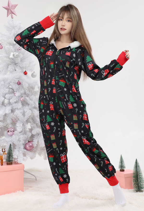 Femme Pyjama de Combinaison avec Motif de Sapins et de Coffrets Cadeau de Noël et Manches Longues à Capuche