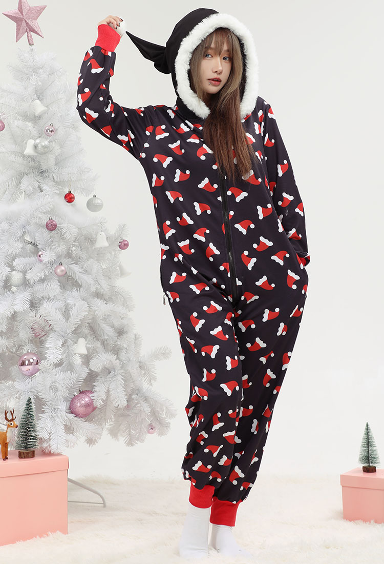 Women Adult Christmas Hat Pattern Onesie Pajama Long Sleeve Hooded Loungewear Costume