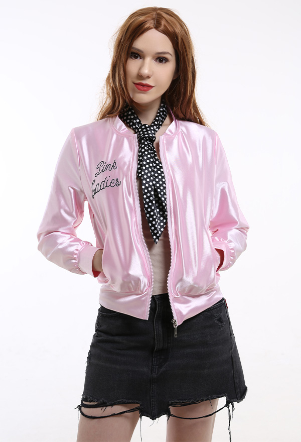 1950s Pink Lady Cosplay Kostüme Rosa Jacke mit Polka Dot Schal Stickerei Lange Ärme Rundhals Herbst Cosplay Kostüme