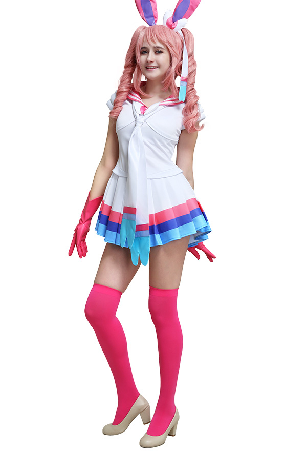 PM Sylveon Pink Cream colored Cosplay One piece Dress Costume with Ears