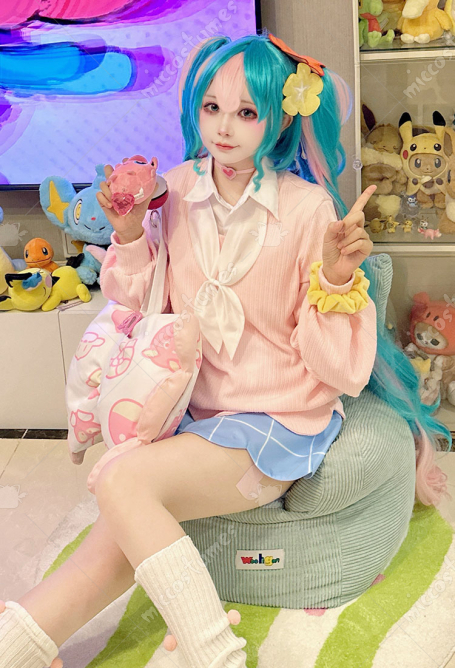 Vocal Cosplay Costume Pink Top and Plaid Skirt with Shirt and Handbag
