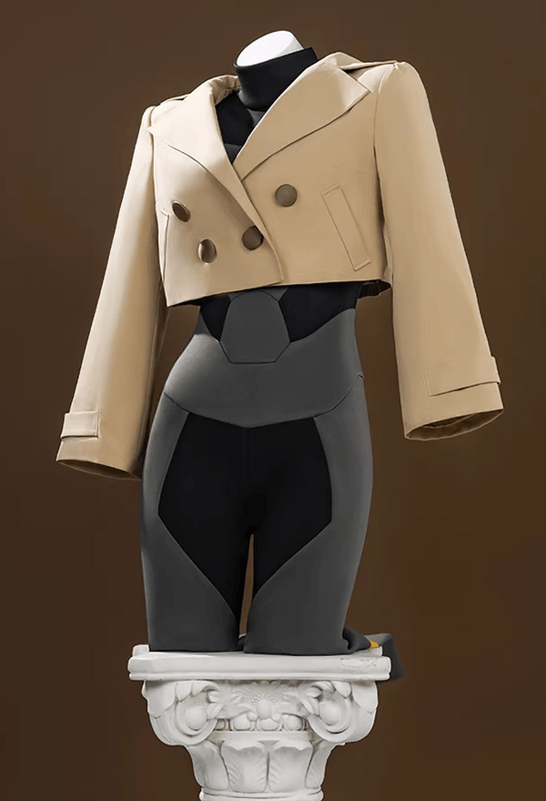 PM Emma Cosplay Costume Black Grey Patchwork Bodysuit with Khaki Short Jacket