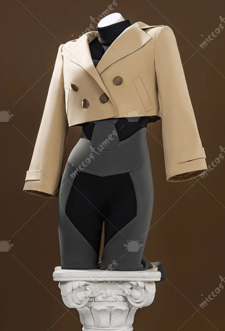 PM Emma Cosplay Costume Black Grey Patchwork Bodysuit with Khaki Short Jacket
