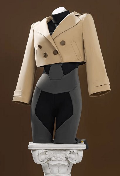PM Emma Cosplay Costume Black Grey Patchwork Bodysuit with Khaki Short Jacket