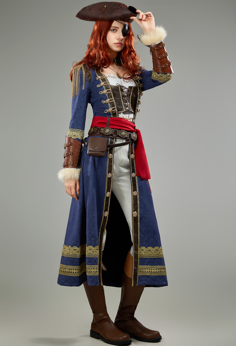 Halloween Cosplay Costume Medieval Women Pirate Suit Innershirt and Jacket with Eye Mask Waistband