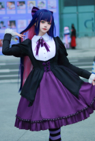 Panty Stocking Stocking Cosplay Costume Black Purple Gothic Dress and Belt with Striped Stockings and Bowtie