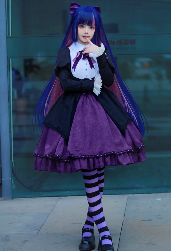 Panty Stocking Stocking Cosplay Costume Black Purple Gothic Dress and Belt with Striped Stockings and Bowtie