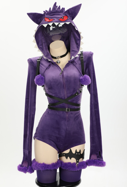 PM Derivative Homewear Sexy Lingerie Bodysuit Purple Hooded Bodycon Romper and Tail with Choker Belt