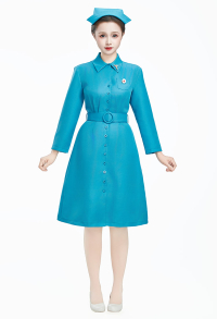 Halloween Ratched Vintage Nurse Cosplay Uniform Blue Dress with Hat and Belt