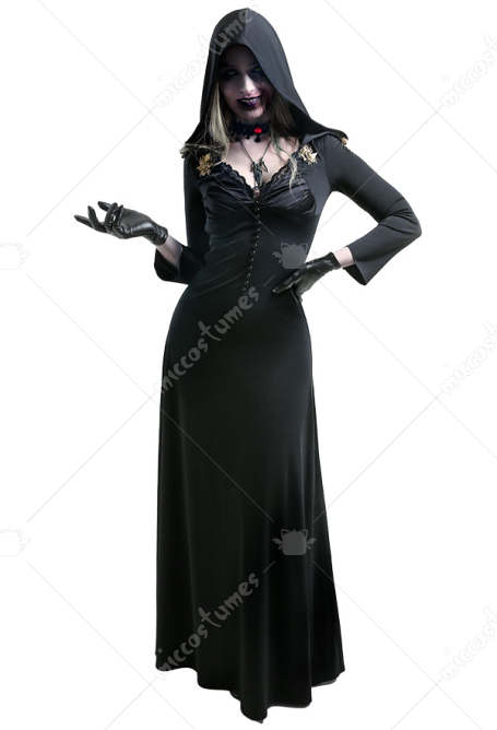 Resident Evil 8 Vampire Daniela Hoodied Dress Cosplay Costume Outfit with Necklaces and Gloves