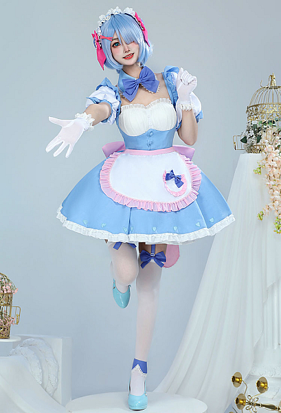 Re Starting Life in Another World Cosplay Costume Kawaii Maid Style Dress and Apron with Stockings and Gloves
