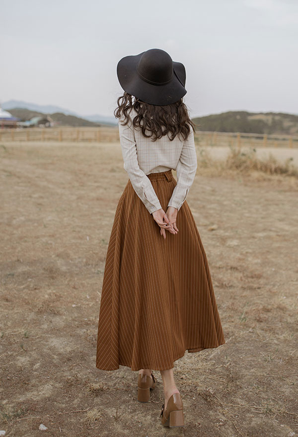 Damen Britischer Stil Kleid  Kostüm Lange Retro Hoher Taille Rock Regenschirmrock mit Kariertes Hemd Kostüm