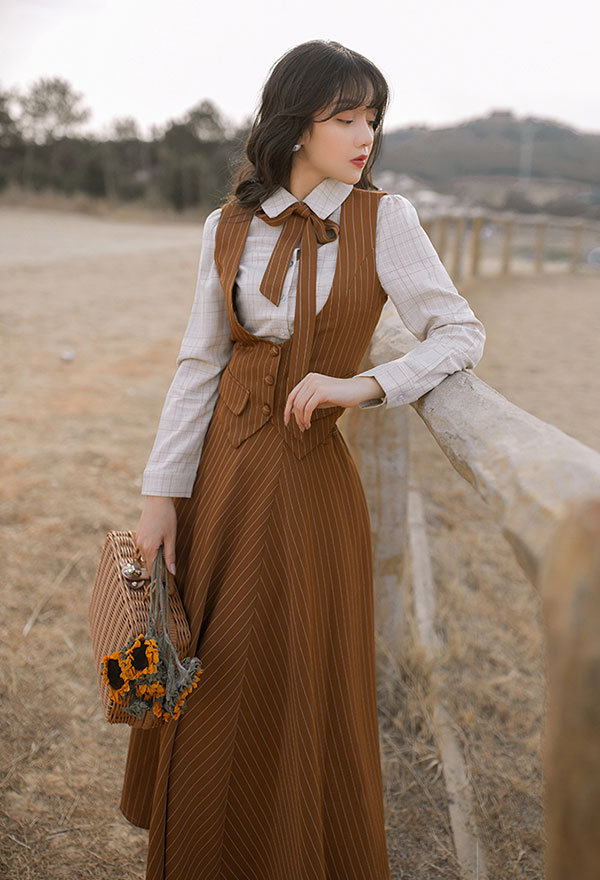 Damen Britischer Stil Kleid  Kostüm Lange Retro Hoher Taille Rock Regenschirmrock mit Kariertes Hemd Kostüm