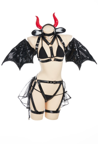 Sexy Lingerie Set Devil Cow Top and Thong with Belt Set and Wings Headband Necklace