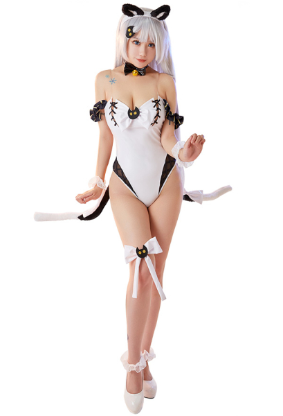 Sexy Lingerie Set Two-tailed Cat Onesies Bowknot Crossover Strap Bodysuit Costume Outfit with Wristlets and Hair Band